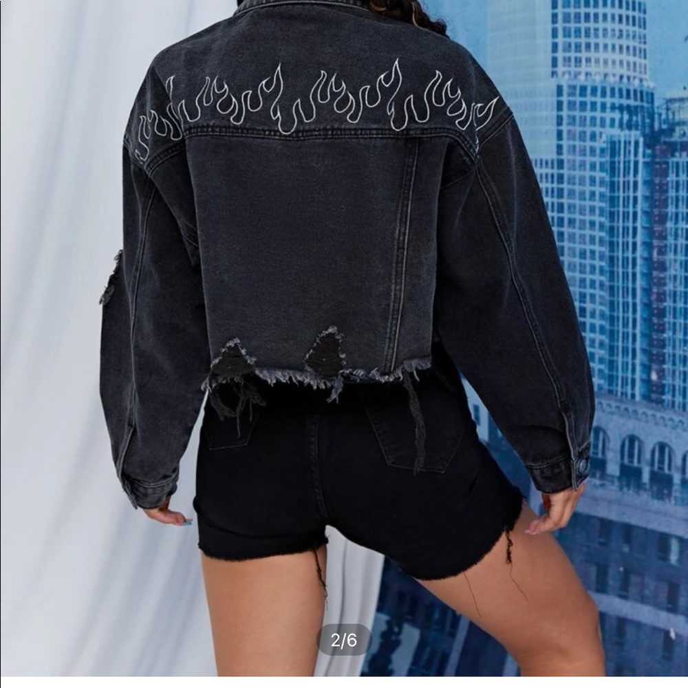 Fire Print Ripped Raw Hem Denim Jacket